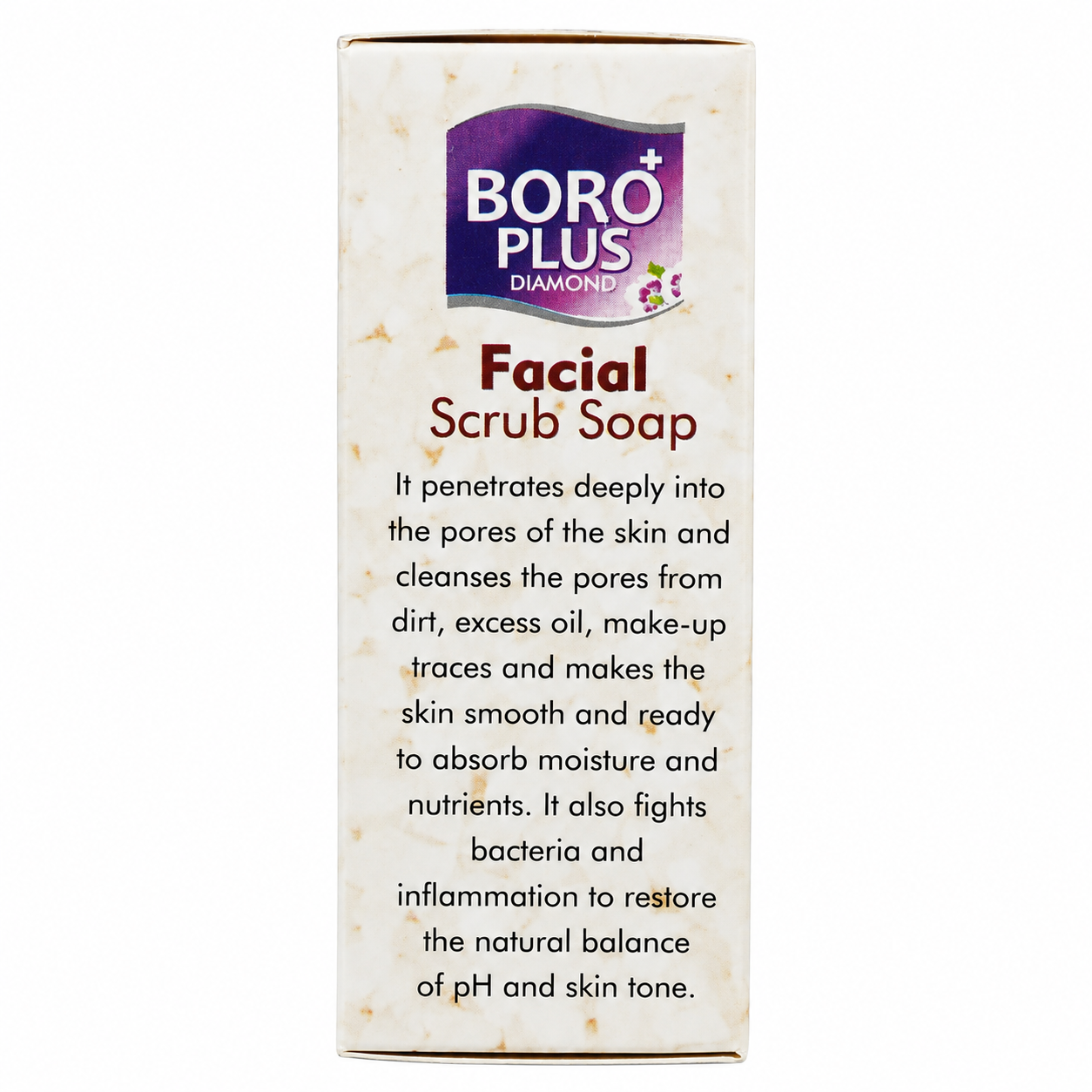 Side packaging of Boro Plus Rice Facial Scrub Soap with cleansing details