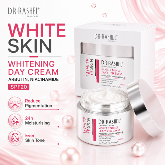 DR RASHEL White Skin Whitening Day Cream infographic with SPF20 for pigmentation and even skin tone