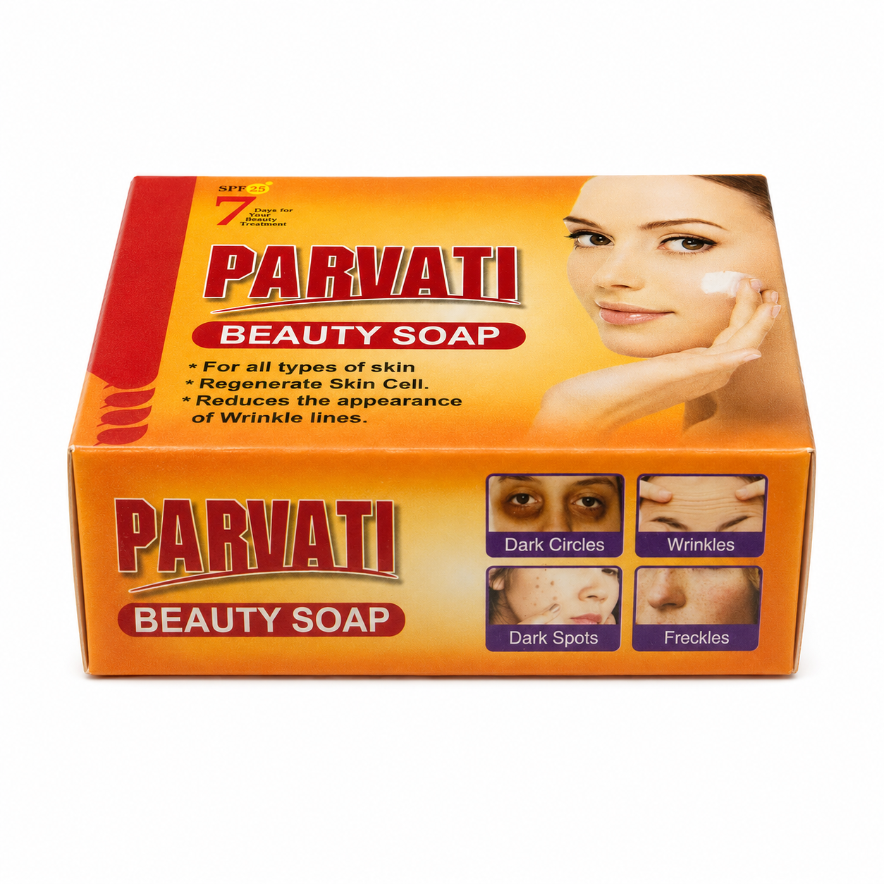 Parvati Beauty Soap SPF 25 packaging with skin care information