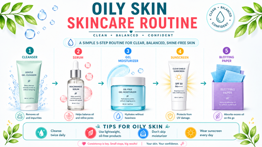 Oily skin skincare routine infographic showing cleanser, niacinamide serum, gel moisturizer, sunscreen, blotting paper, and tips for shine-free skin.