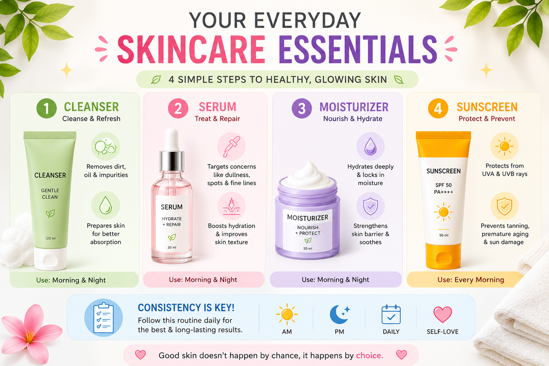 Daily skincare essentials infographic with cleanser, serum, moisturizer, and sunscreen for healthy, glowing skin.
