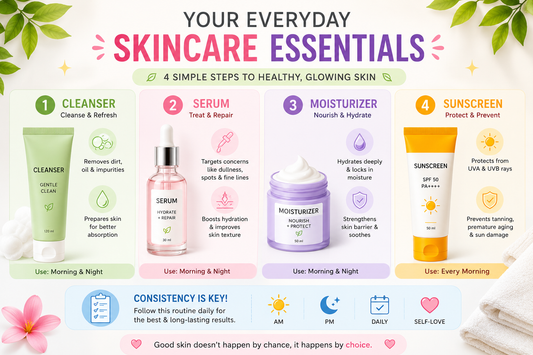 Daily skincare essentials infographic with cleanser, serum, moisturizer, and sunscreen for healthy, glowing skin.