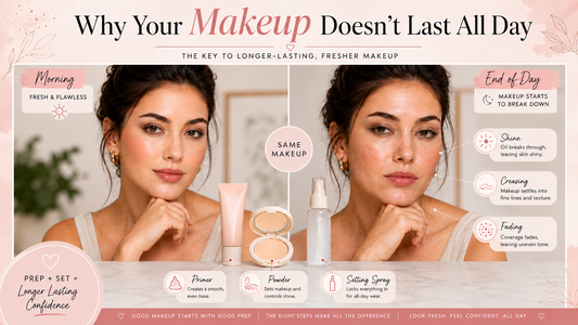 Why your makeup doesn’t last all day infographic showing morning fresh makeup vs end-of-day makeup breakdown with shine, creasing, fading, primer, powder, and setting spray.