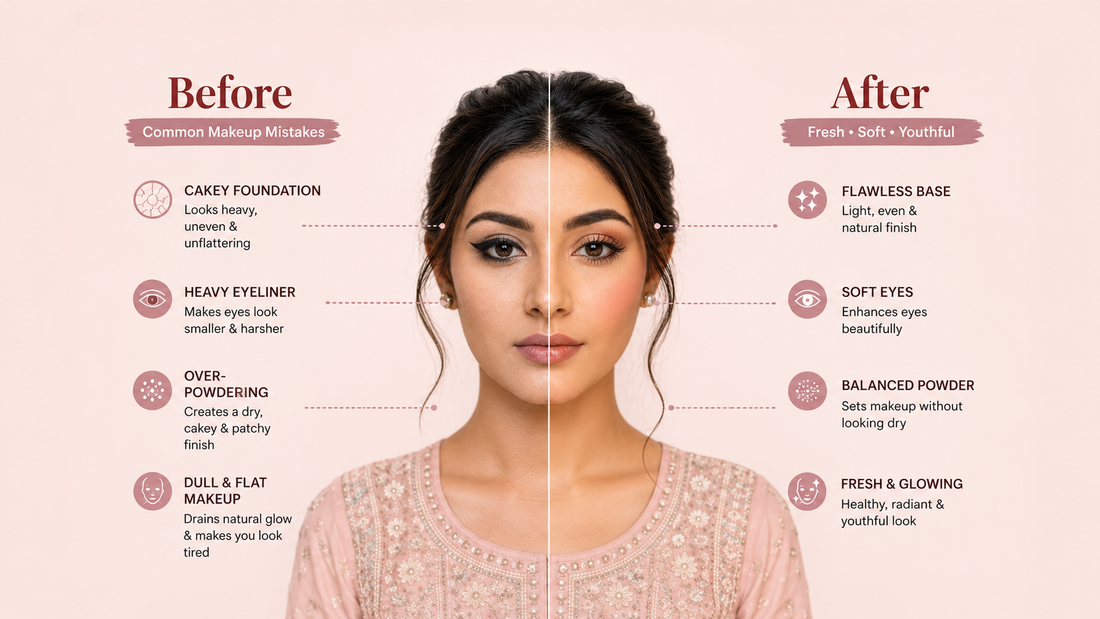 Before and after makeup mistakes infographic showing cakey foundation, heavy eyeliner, over-powdering, dull makeup, and a fresh flawless makeup look.