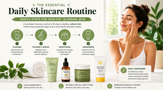 Daily skincare routine infographic showing cleanser, vitamin C serum, moisturizer, sunscreen, and a woman applying skincare for healthy glowing skin.