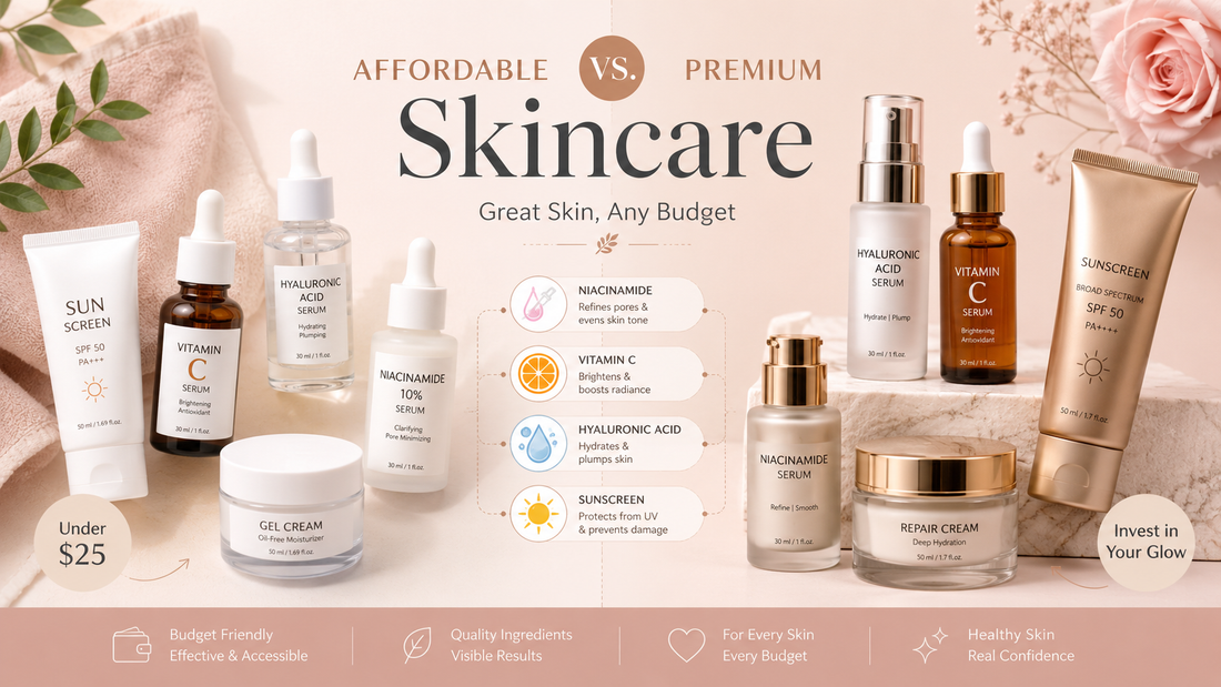 Affordable vs premium skincare products with vitamin C serum, hyaluronic acid, niacinamide, sunscreen and repair cream for glowing skin.