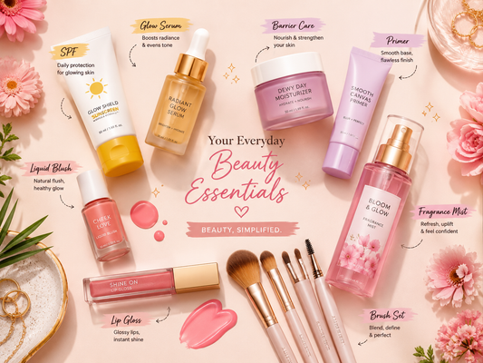 Everyday beauty essentials with sunscreen, glow serum, moisturizer, primer, liquid blush, lip gloss, fragrance mist and makeup brushes.