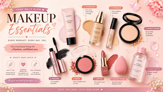 Makeup essentials infographic with primer, foundation, concealer, powder, mascara, blush, lipstick, sponge, and remover