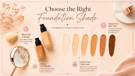 Foundation shade guide showing skin tone matching, undertone check, natural light testing and sponge blending for a flawless makeup base.