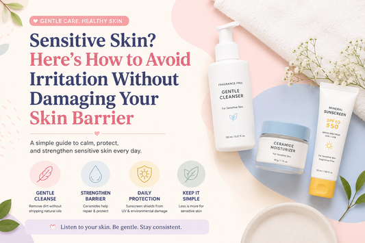 Sensitive skin skincare routine infographic featuring gentle cleanser, ceramide moisturizer, sunscreen, and skin barrier protection.