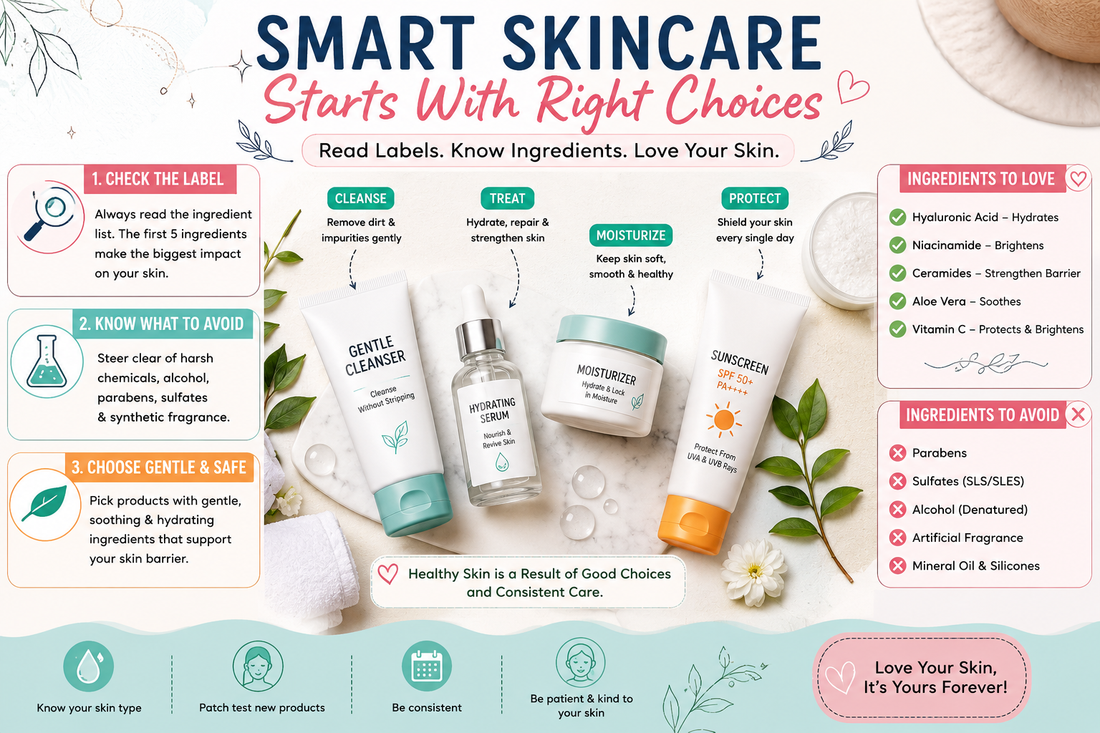 Smart skincare infographic with cleanser, serum, moisturizer, sunscreen, ingredient labels, and tips to choose safe skincare products.