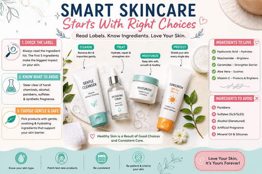 Smart skincare infographic with cleanser, serum, moisturizer, sunscreen, ingredient labels, and tips to choose safe skincare products.