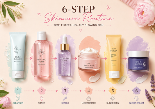 6-step skincare routine with cleanser, toner, serum, moisturizer, sunscreen and night cream for healthy glowing skin.