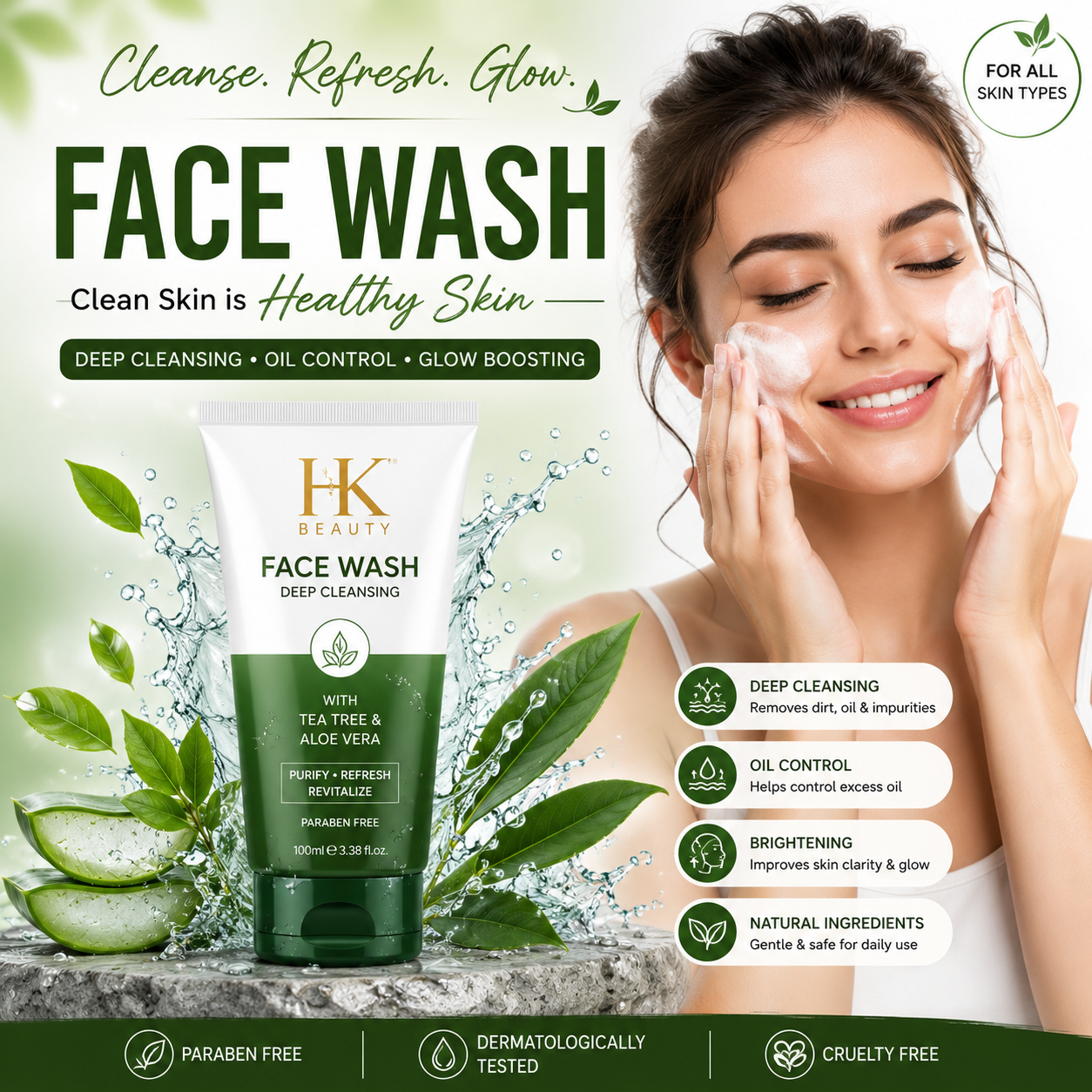 HK Beauty deep-cleansing face wash with tea tree and aloe vera for oil control and brighter skin.