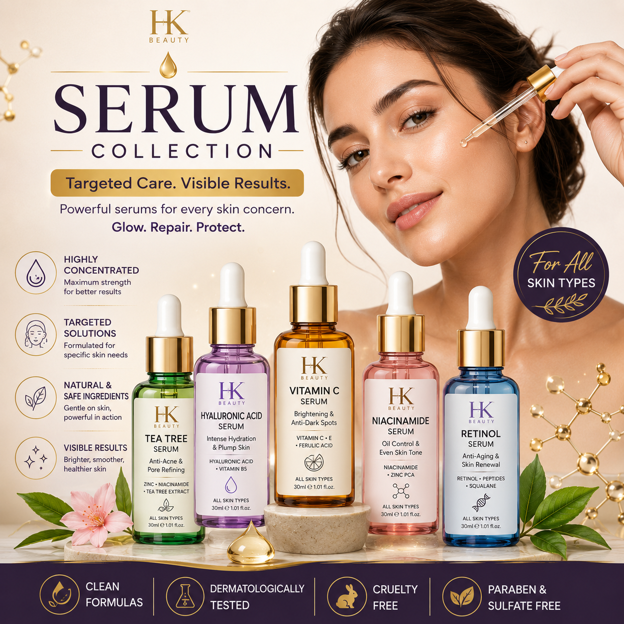 HK Beauty facial serum collection with vitamin C, hyaluronic acid, niacinamide, retinol and tea tree serums.