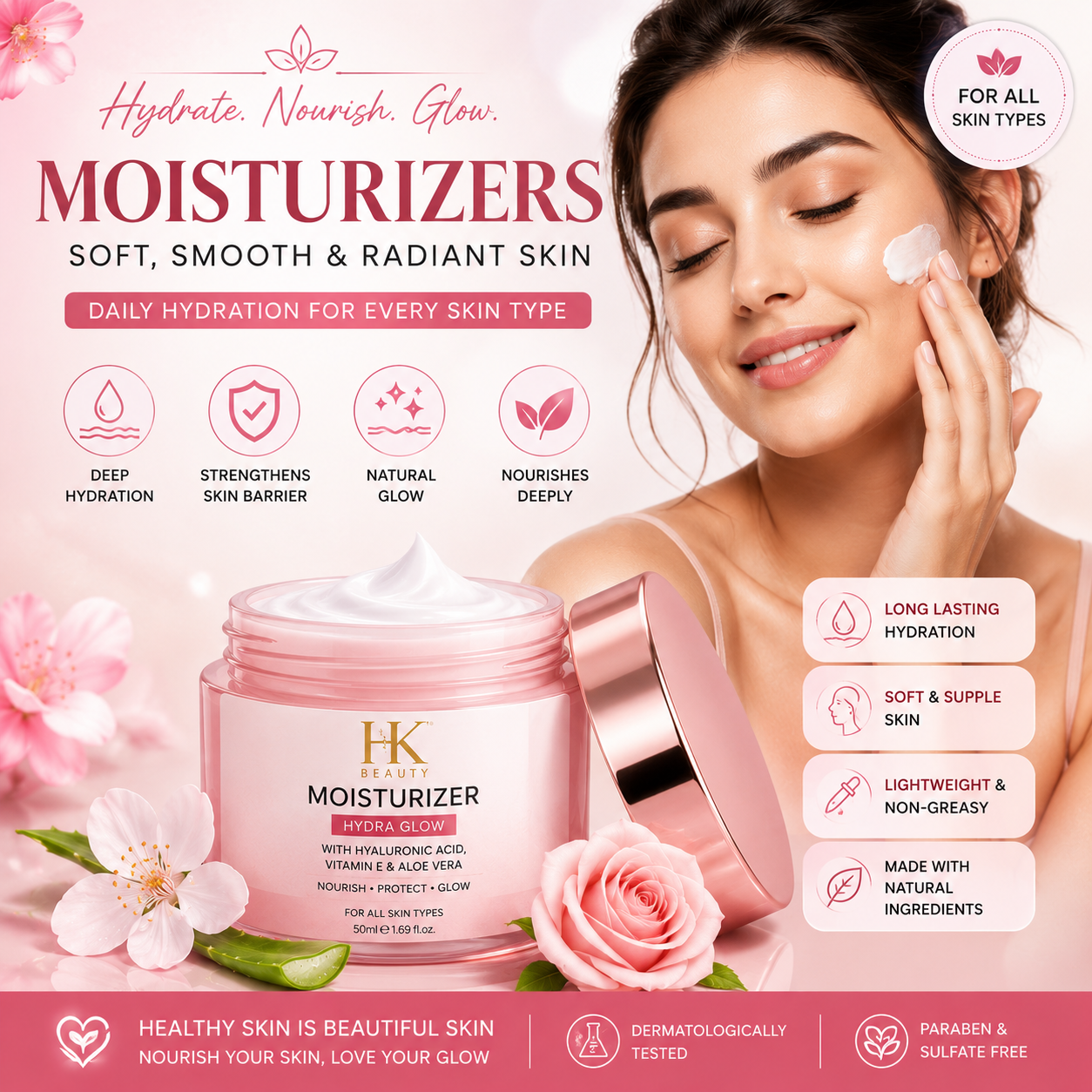 HK Beauty Hydra Glow moisturizer with hyaluronic acid, vitamin E and aloe vera for soft, hydrated skin.