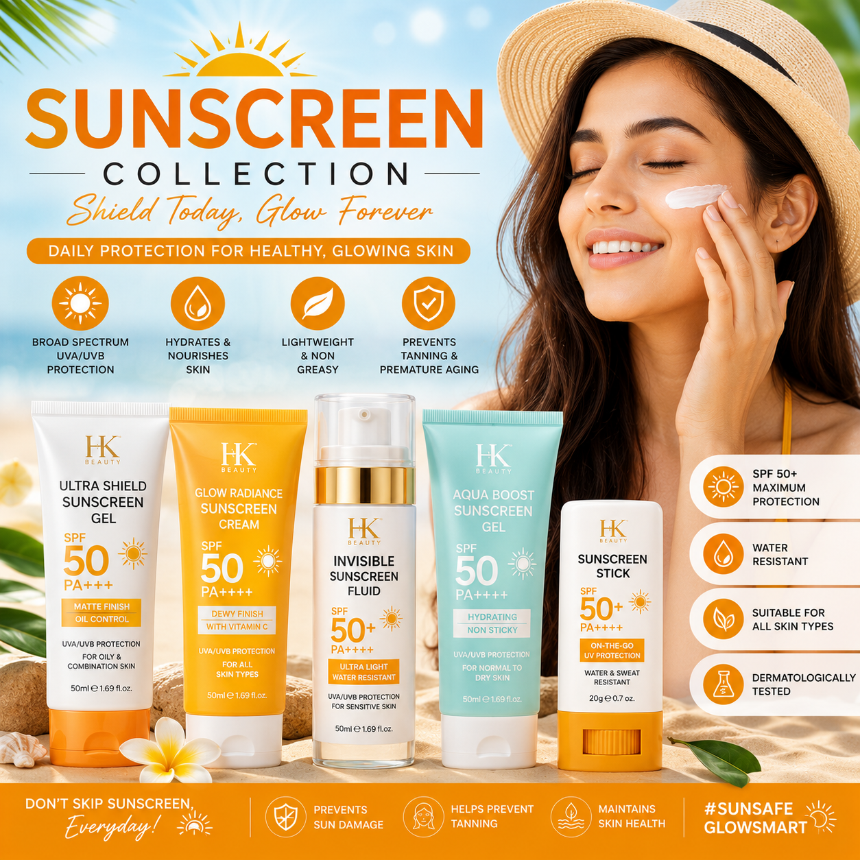 HK Beauty SPF 50 sunscreen collection for daily UVA and UVB skin protection.