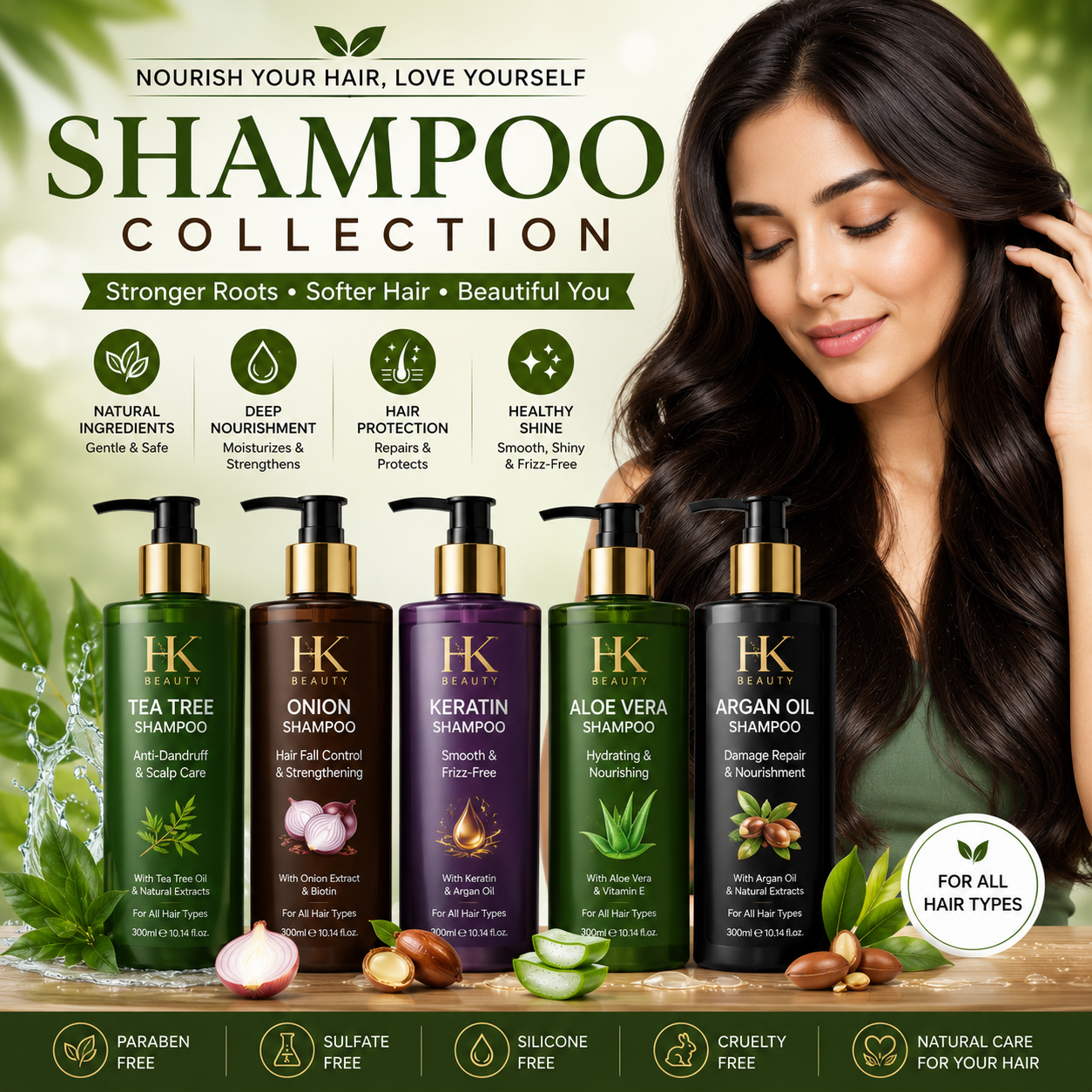 HK Beauty shampoo collection with tea tree, onion, keratin, aloe vera and argan oil for healthy hair.