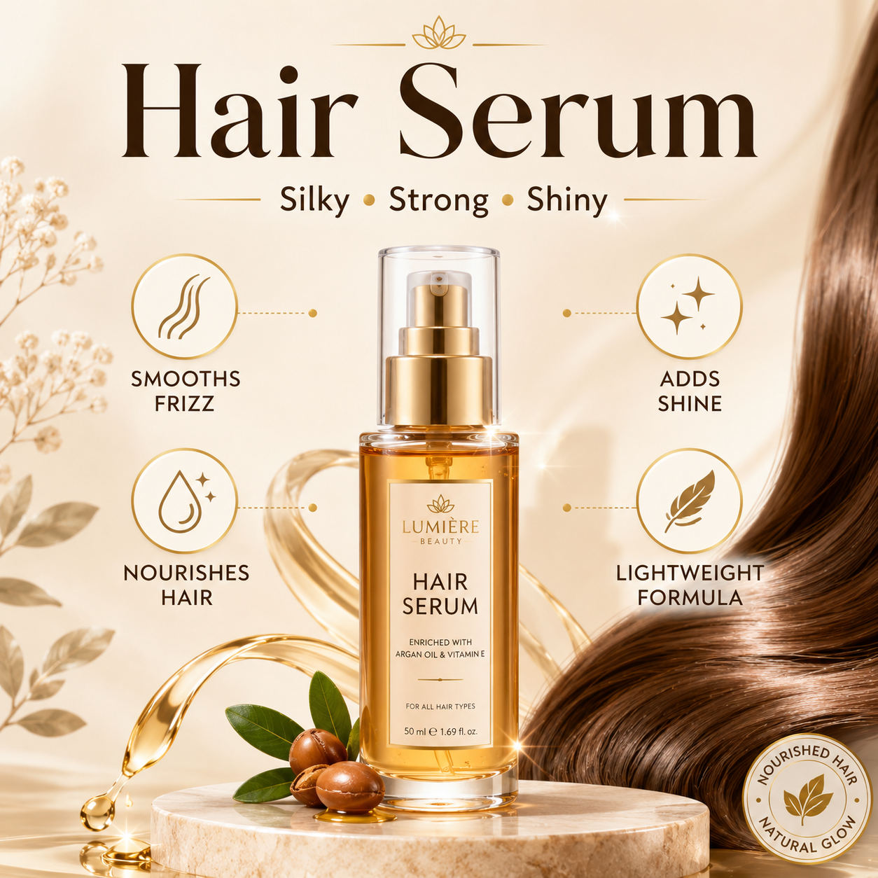 Lumiere Beauty hair serum with argan oil and vitamin E for smooth, shiny and frizz-free hair.