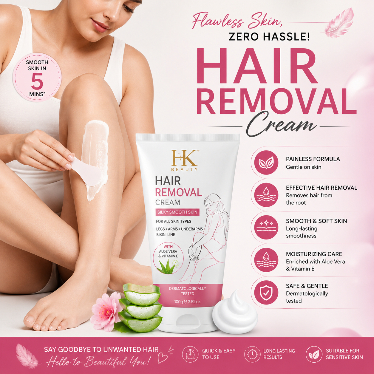 HK Beauty hair removal cream with aloe vera and vitamin E for smooth, soft skin.