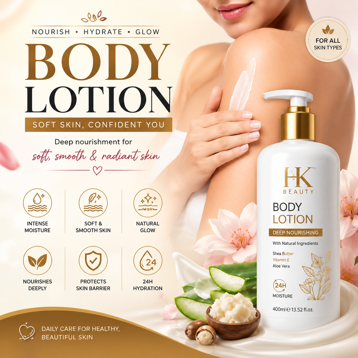 HK Beauty nourishing body lotion with shea butter, vitamin E and aloe vera for soft, hydrated skin.