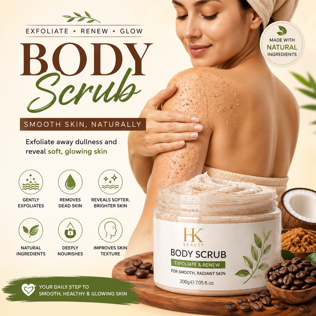 HK Beauty exfoliating body scrub with natural ingredients for soft, smooth and glowing skin.