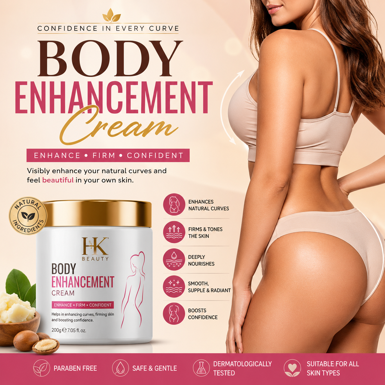 HK Beauty Body Enhancement Cream for firmer, smoother and nourished-looking skin.