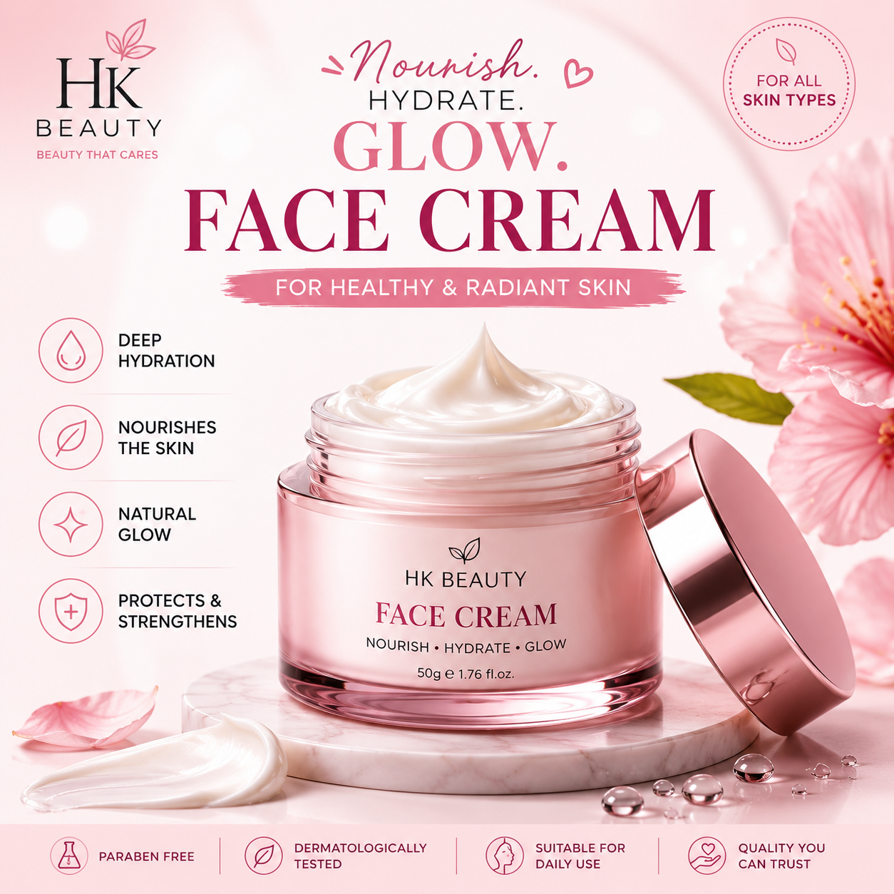 HK Beauty Glow Face Cream for deep hydration and healthy, radiant skin.