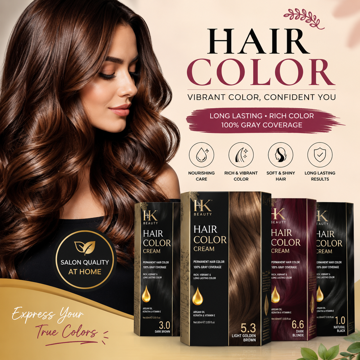 HK Beauty permanent hair color cream collection with rich shades and 100% gray coverage.