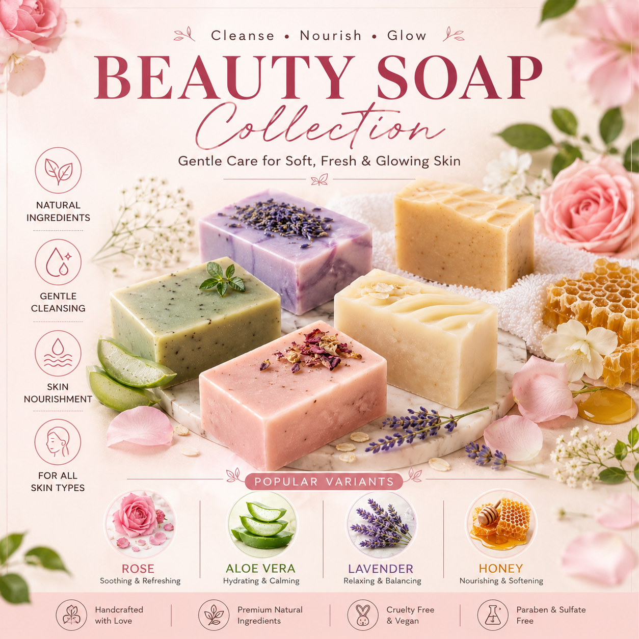 Natural beauty soap collection with rose, aloe vera, lavender and honey for soft, fresh and glowing skin.