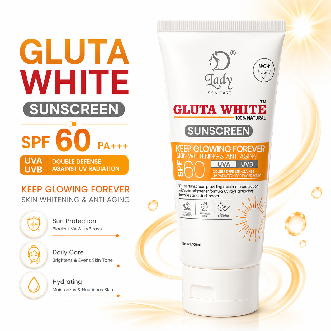 Dlady Gluta White Sunscreen SPF 60 PA+++ UVA UVB 80ml