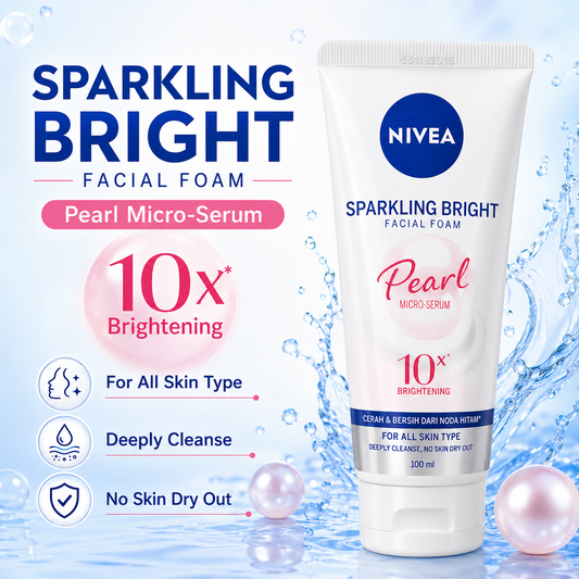 Nivea Sparkling Bright Facial Foam infographic for all skin types, deep cleansing and no dryness