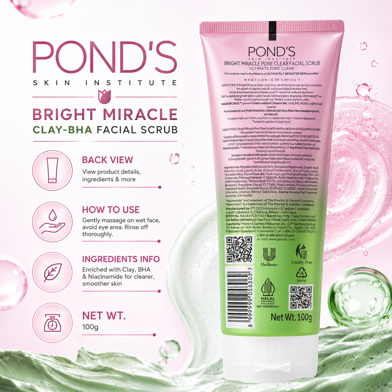 Ponds Bright Miracle Clay-BHA Pore Clear Scrub 100g