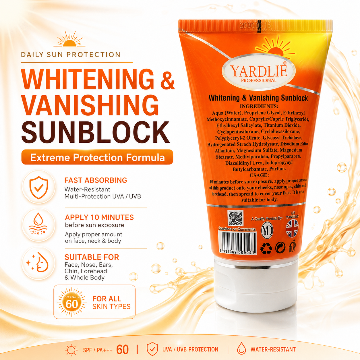 YARDLIE SPF 60 Sunblock Whitening UVA UVB Cream 120ml