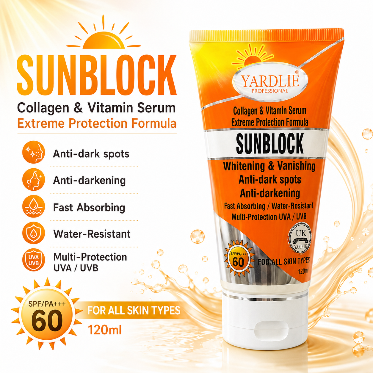 YARDLIE SPF 60 Sunblock Whitening UVA UVB Cream 120ml