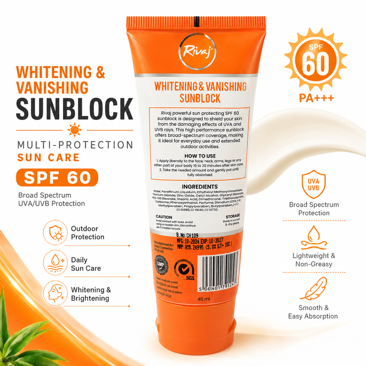 Rivaj Whitening & Vanishing Sunblock SPF 60 PA++ 40ml