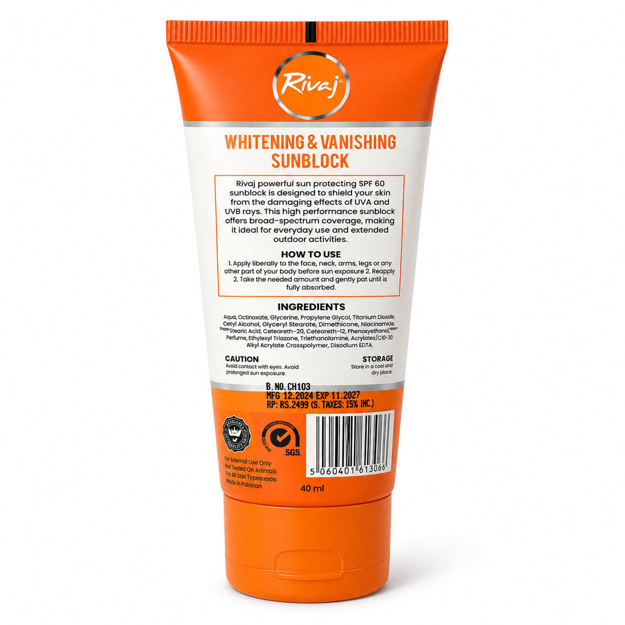 Rivaj Whitening & Vanishing Sunblock SPF 60 PA++ 40ml