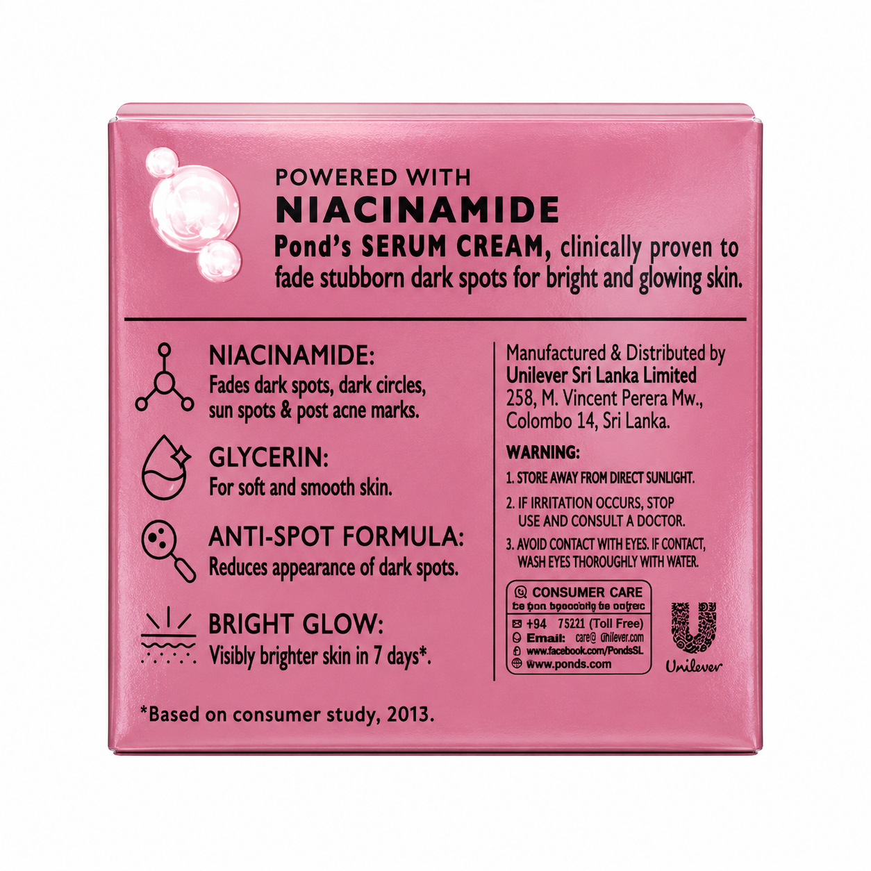 Pond’s Bright Beauty Serum Cream with Niacinamide back packaging for dark spots and glowing skin
