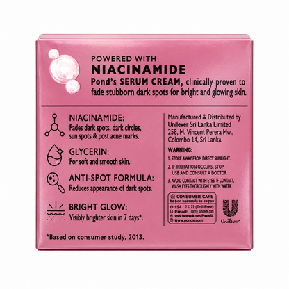 Pond’s Bright Beauty Serum Cream with Niacinamide back packaging for dark spots and glowing skin