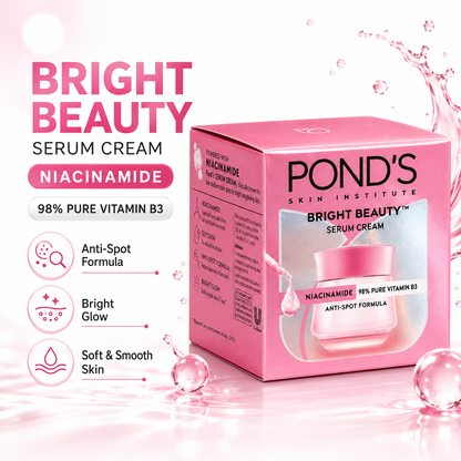 Pond’s Bright Beauty Serum Cream Niacinamide infographic with anti spot formula and soft smooth skin benefits