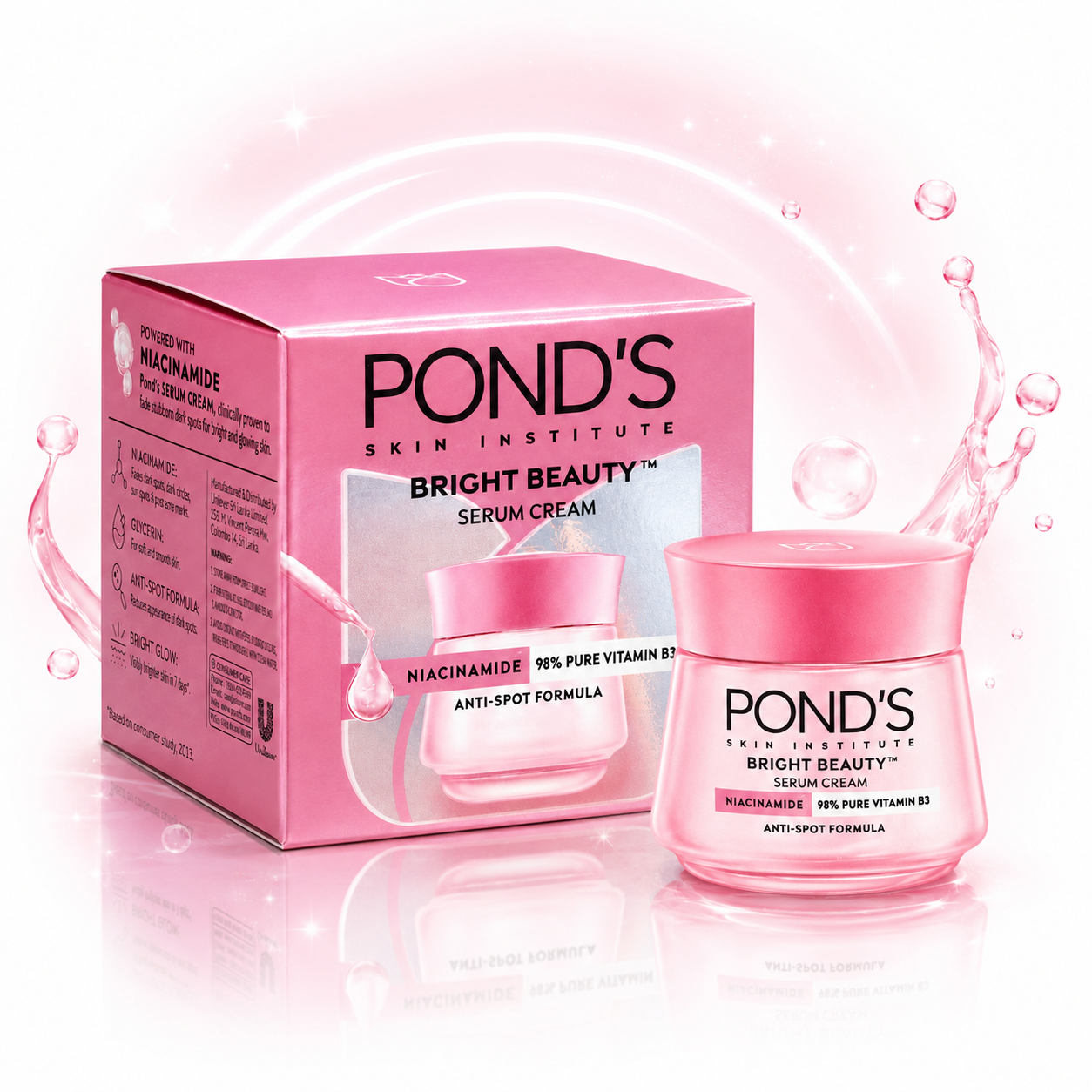 Pond’s Bright Beauty Serum Cream Niacinamide jar with pink box for bright and glowing skin
