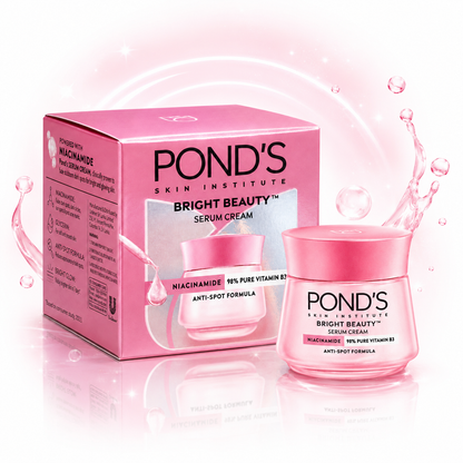 Pond’s Bright Beauty Serum Cream Niacinamide jar with pink box for bright and glowing skin