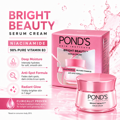Pond’s Bright Beauty Serum Cream jar and box with Niacinamide for dark spots and radiant glow