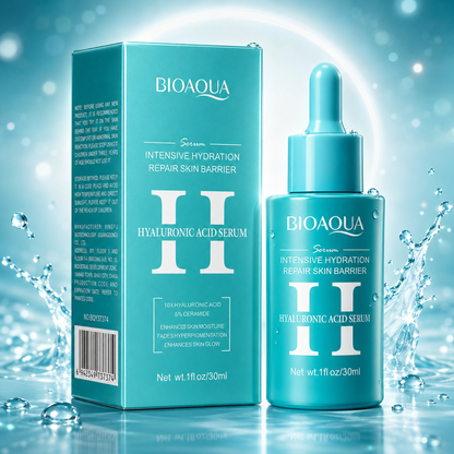 BIOAQUA Hyaluronic Acid Serum bottle and box with water splash background