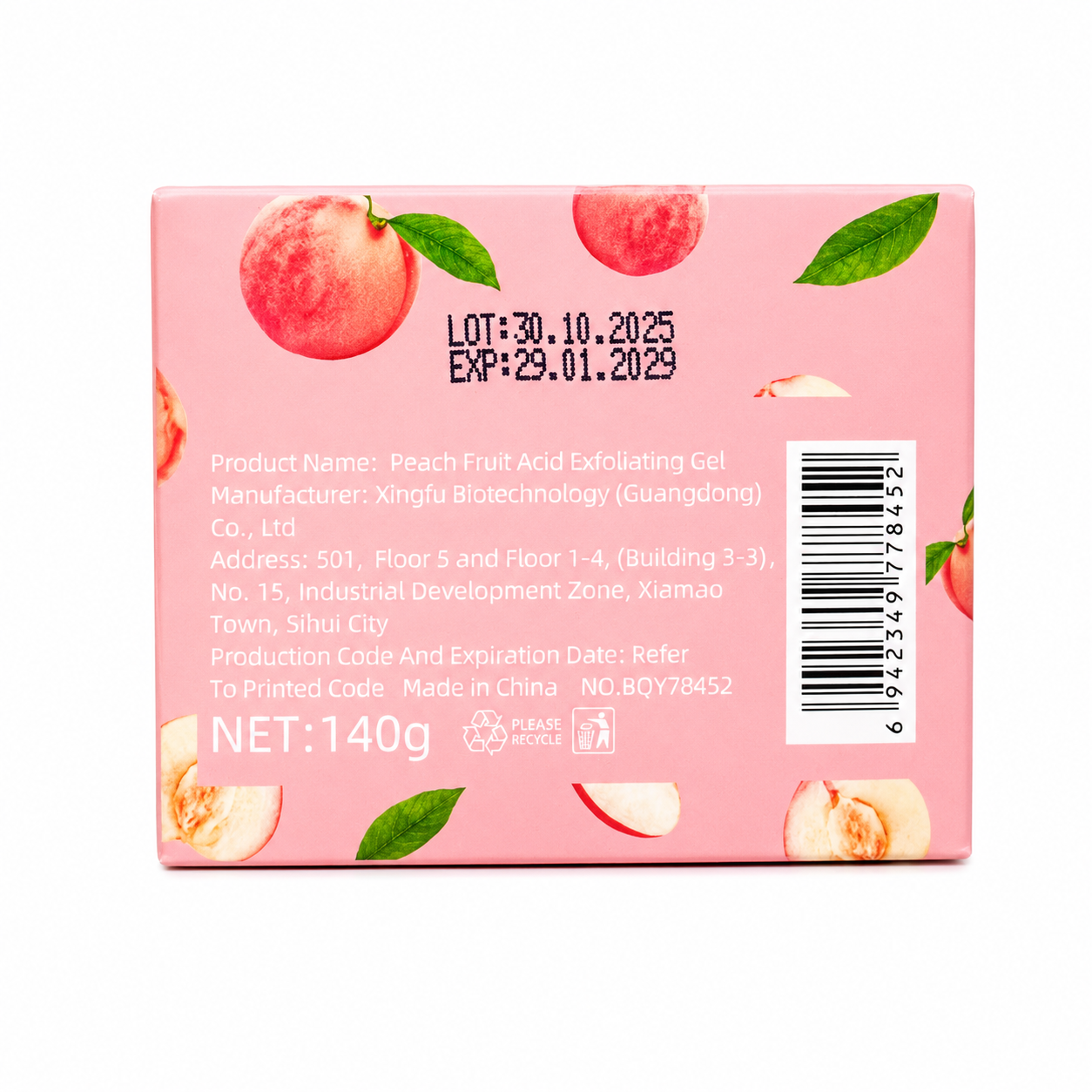 BIOAQUA Peach Fruit Acid Exfoliating Gel back packaging with 140g product details