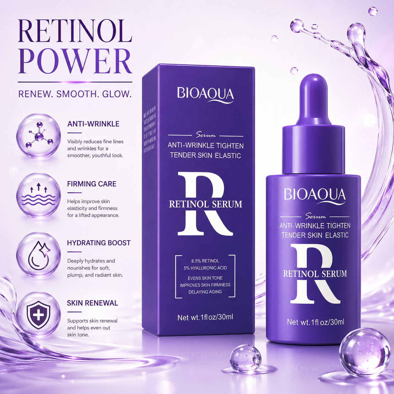 BIOAQUA Retinol Serum infographic featuring firming hydration and skin renewal benefits