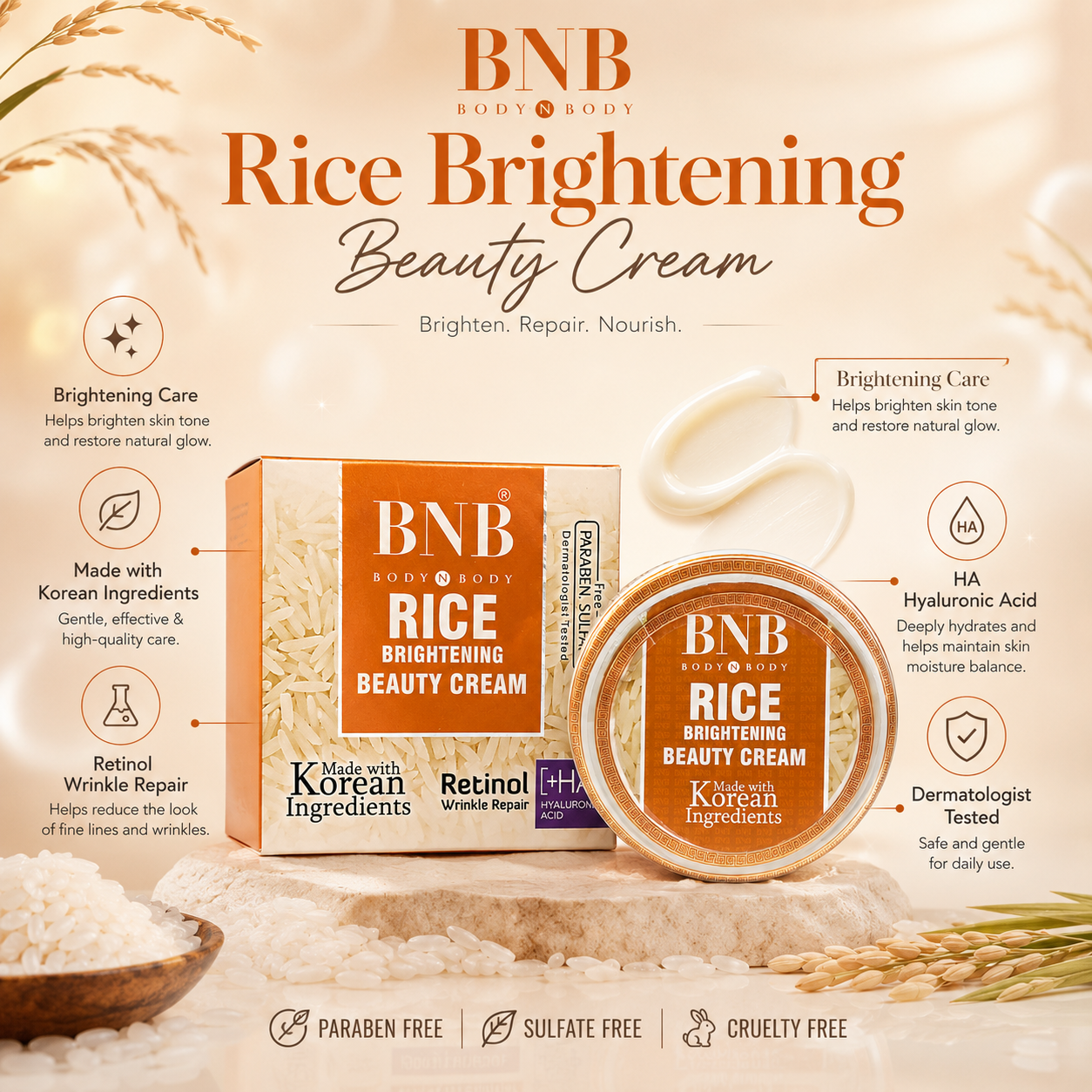 BNB Rice Brightening Beauty Cream infographic with rice extract Hyaluronic Acid and dermatologist tested benefits