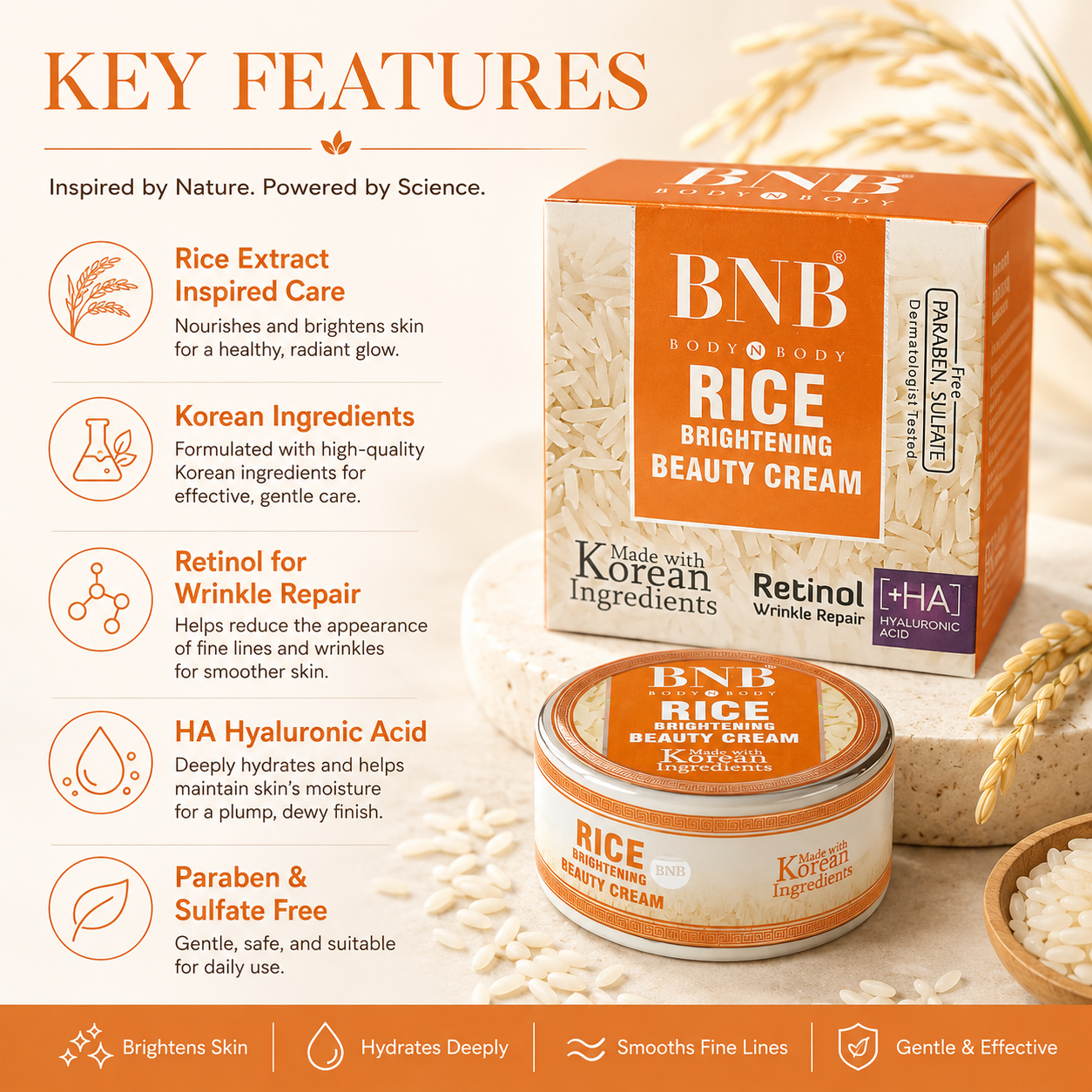 BNB Rice Brightening Beauty Cream key features infographic with rice extract Retinol and Hyaluronic Acid
