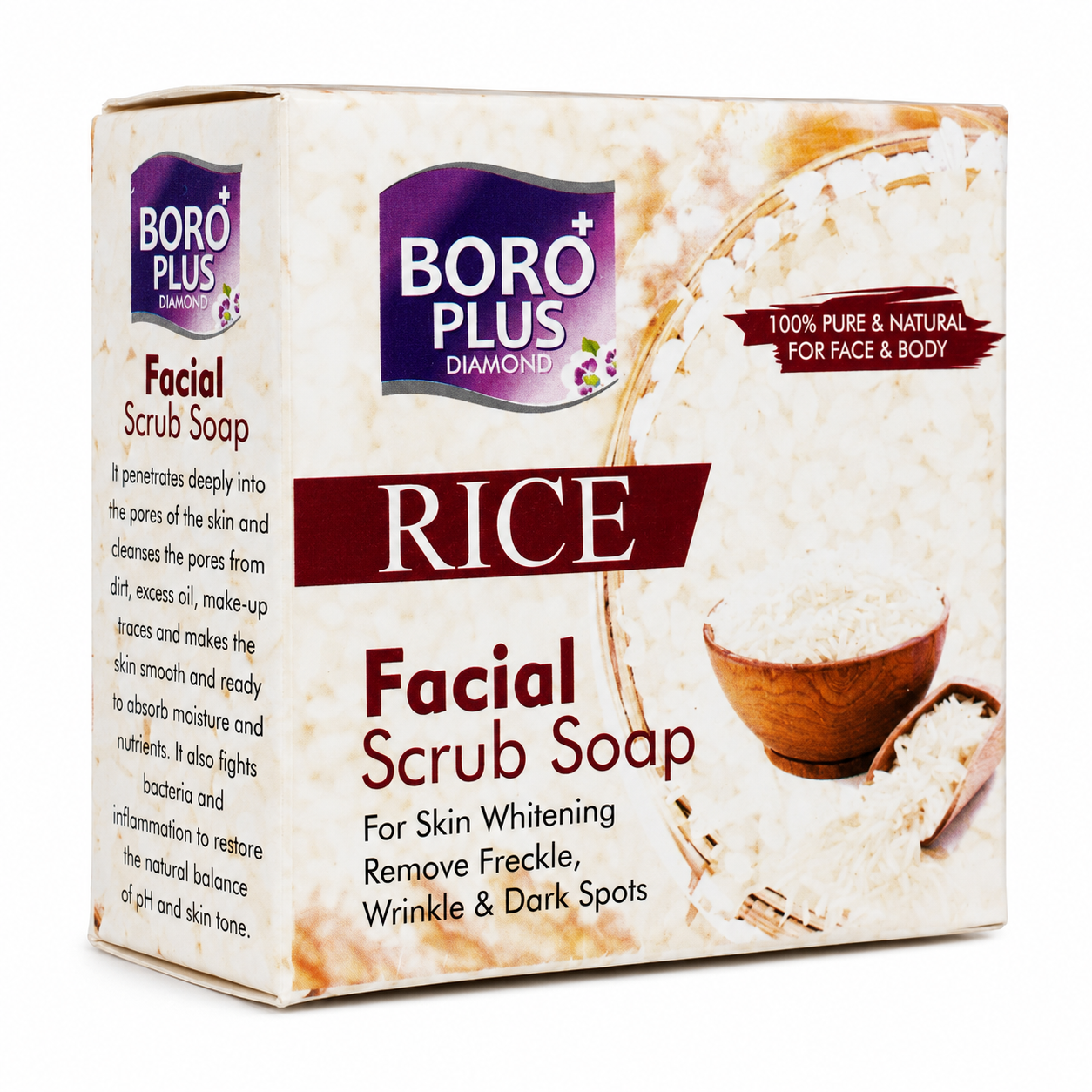 Angled view of Boro Plus Diamond Rice Facial Scrub Soap