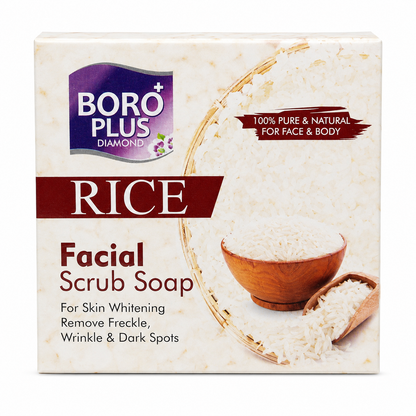 Front packaging of Boro Plus Rice Facial Scrub Soap for face and body